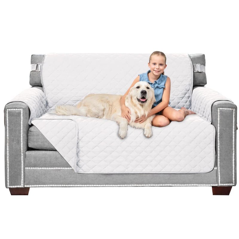 Sofa Shield Loveseat Slip Cover with Patented Strap, Cushion Protector, US Designed Reversible Stain and Dog Tear Resistant Slipcover, 54 inch Seat, Washable Covers for Dogs Pets Kids, White - Image 1